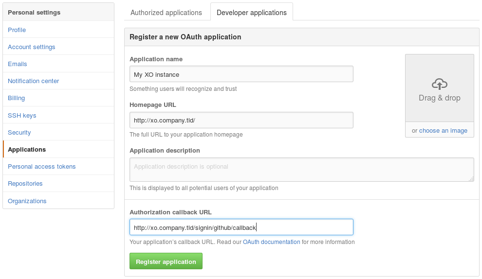 Registering XO instance in GitHub